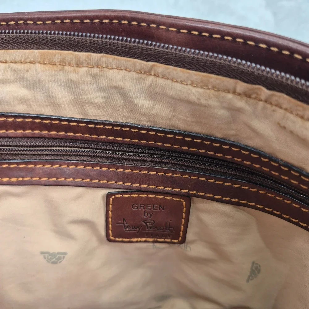 Tony Perotti Distressed Leather Shoulder Bag Brown Hobo Medium Long Green